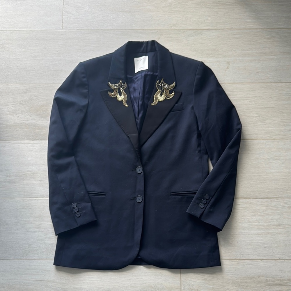 Navy Blazer with Gold Embroidery